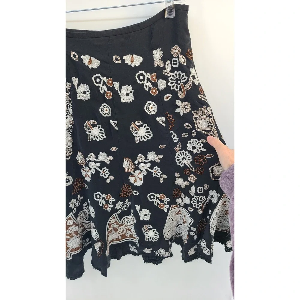 Whimsigoth Asymmetrical Embroidered Floral Women Skirt 8‎ 100% Silk Boho Crochet